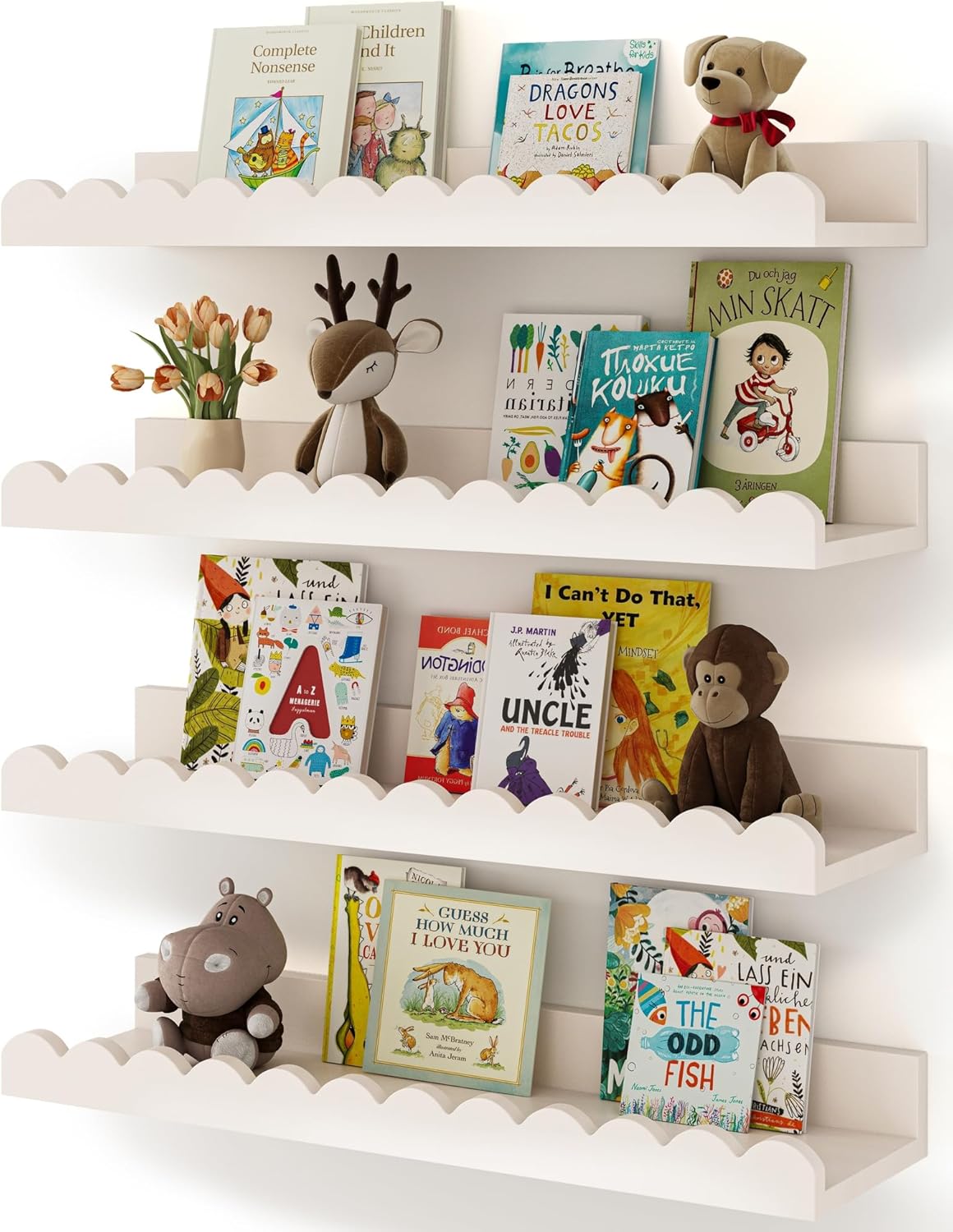Baby Nursery Floating Shelves - 흰색 물결 모양의 벽걸이형 어린이 책장