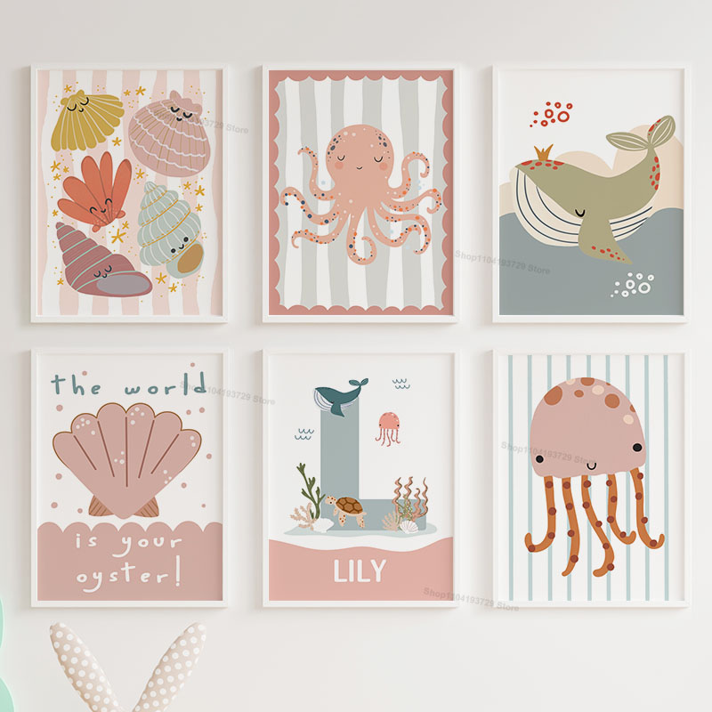 Baby Nursery Name Wall Art - 만화 고래 문어 해파리 가리비 사용자