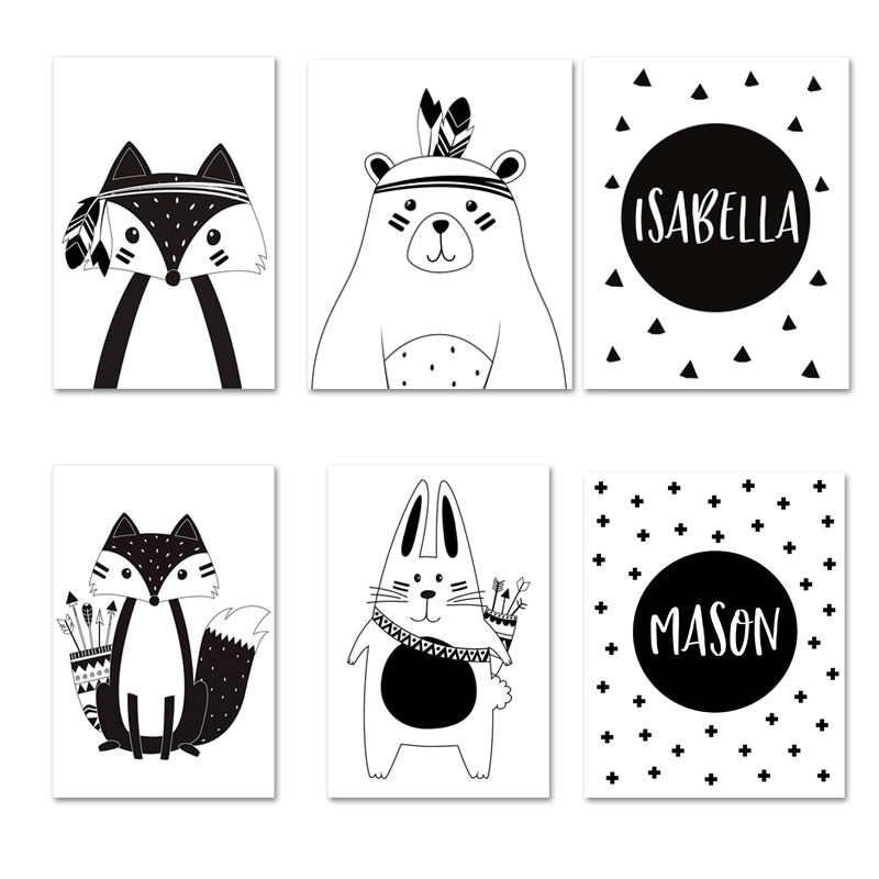 Baby Nursery Name Wall Art - 흑백 만화 곰 토끼 아기 보육