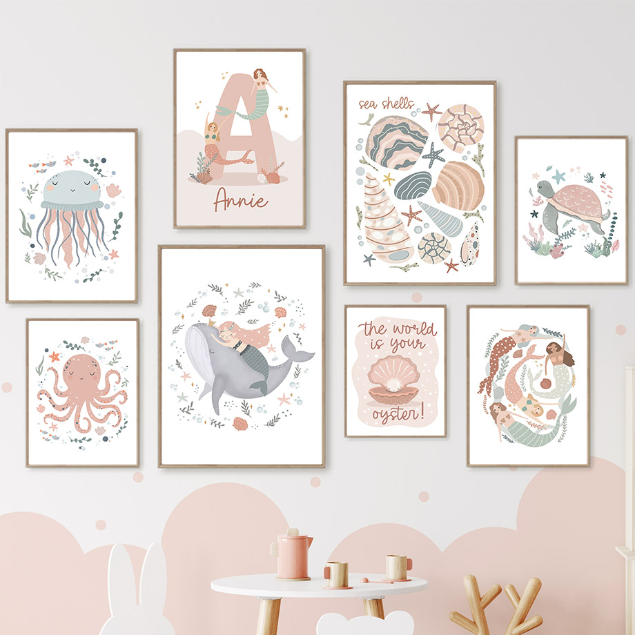 Baby Nursery Name Wall Art - 만화 바다 동물 고래 인어 사용자