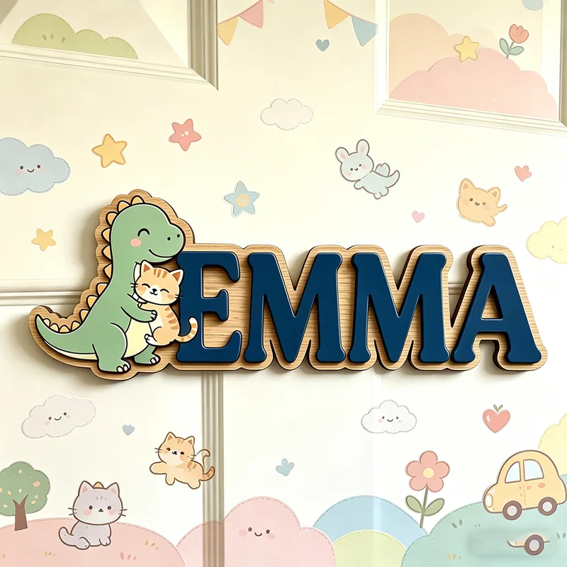 Baby Nursery Name Wall Art - 귀여운 공룡이 고양이를 안고 있는 맞춤