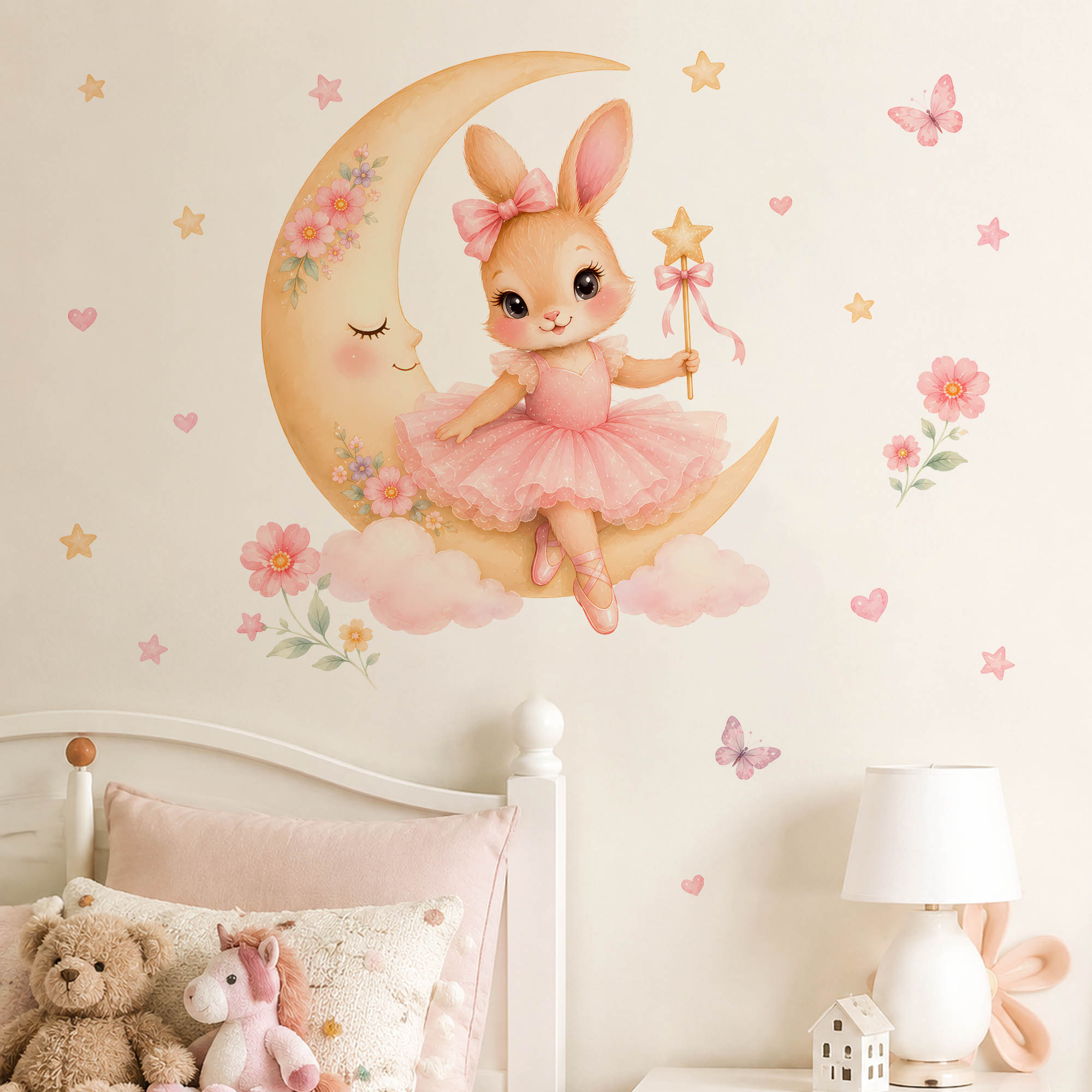 Baby Nursery Wall Mural - 수채화 발레리나 토끼 달 벽 스티커
