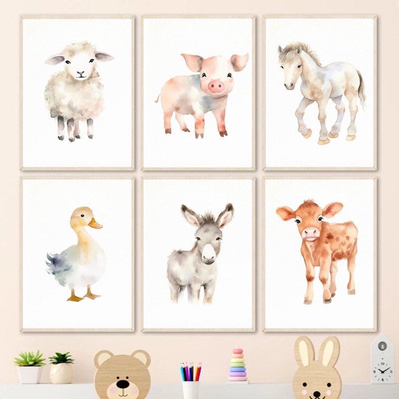 Baby Nursery Images - 수채화 농장 동물 아기 말 오리