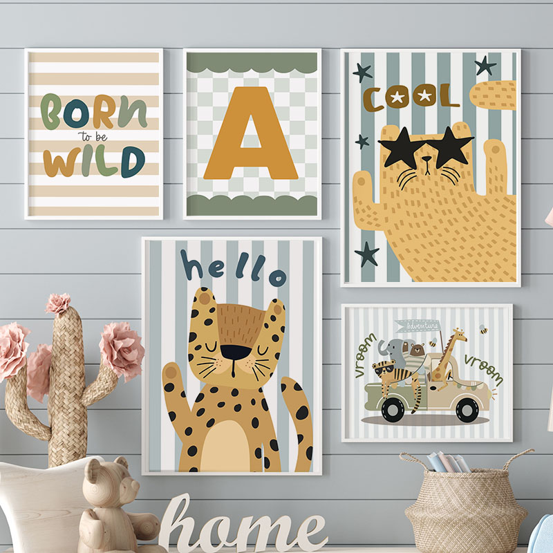 Baby Nursery Name Wall Art - 귀여운 호랑이 사자 기린 자동차 맞춤