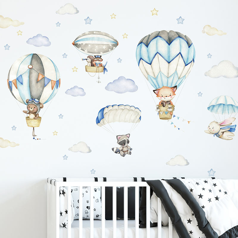 Baby Nursery Wall Mural - 만화 귀여운 동물 뜨거운 공기 풍선