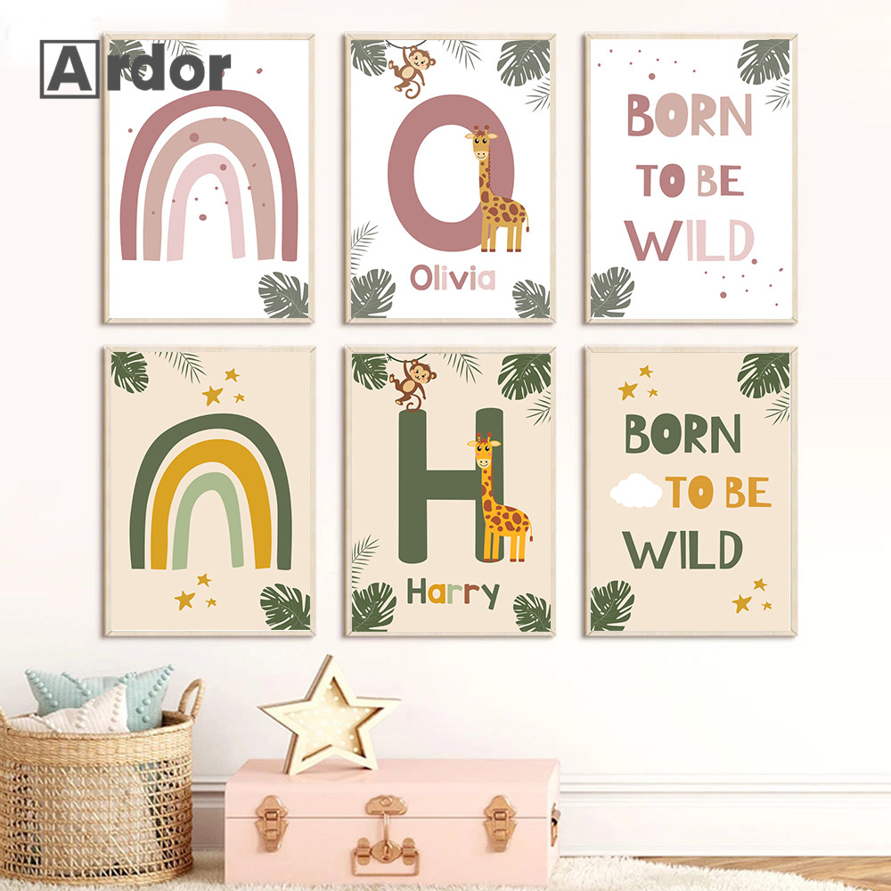 Baby Nursery Name Wall Art - 북유럽 정글 동물 포스터 맞춤 이름