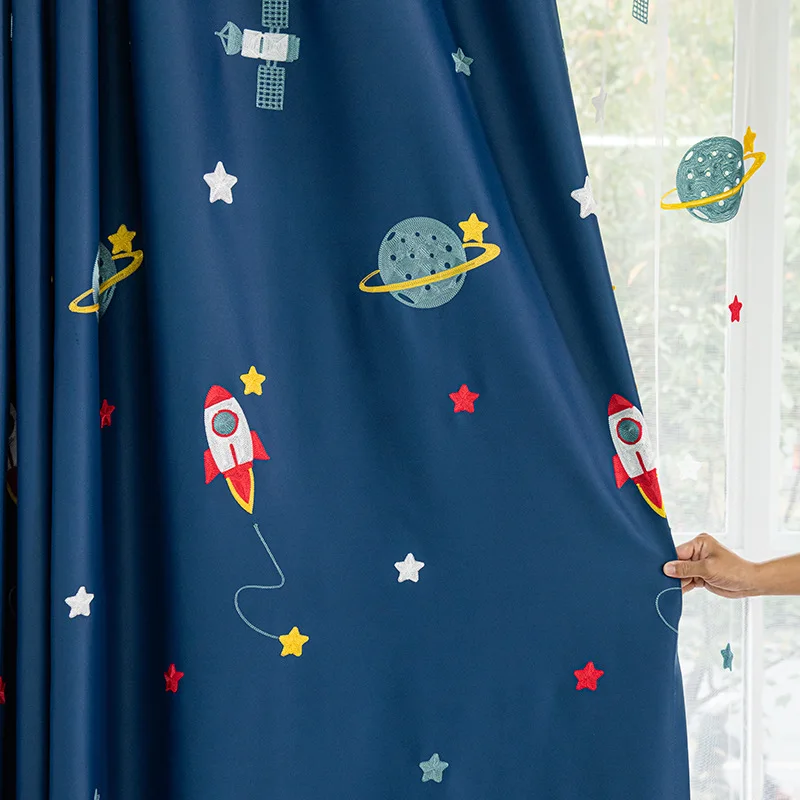 Baby Nursery Blackout Curtains - 네이비 블루 만화 로켓 우주선 어린이를위한