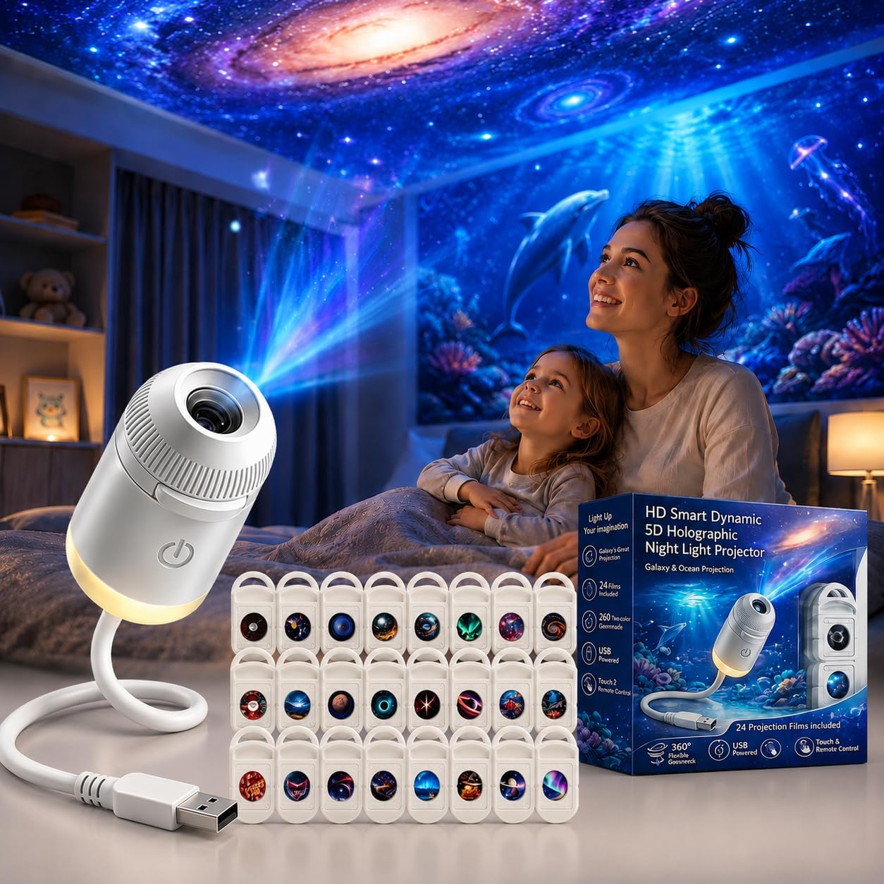 Night Light Projector Stars - HD 스마트 다이나믹 5D 홀로그램 야간