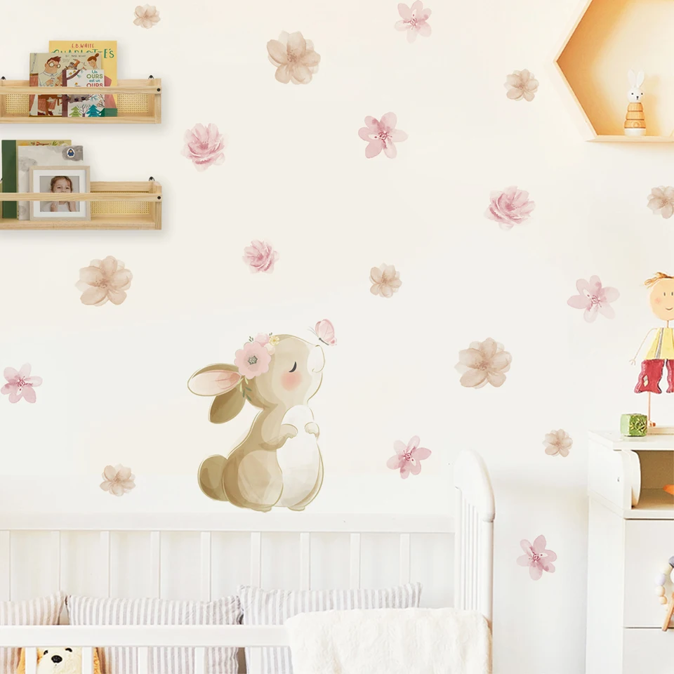 Wall Decal Nursery - 보헤미안 스타일 꽃무늬 토끼 나비 벽