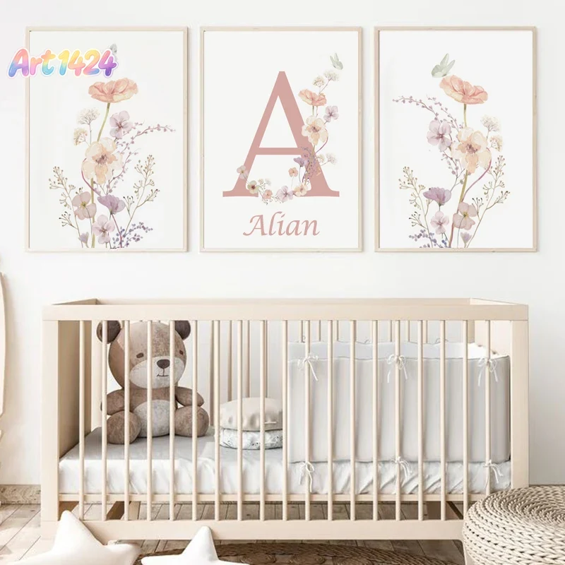 Baby Nursery Name Wall Art - 개인화 된 이름 야생화 보육 장식
