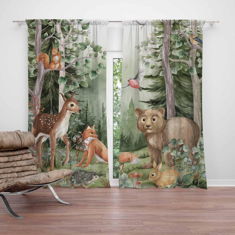 Baby Nursery Blackout Curtains - 숲속 동물 커튼 어린이 방 암막