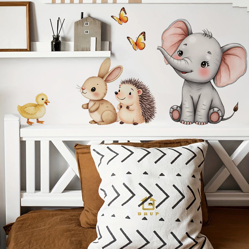 Baby Nursery Wall Mural - 만화 동물 벽 스티커-코끼리 토끼 고슴도치