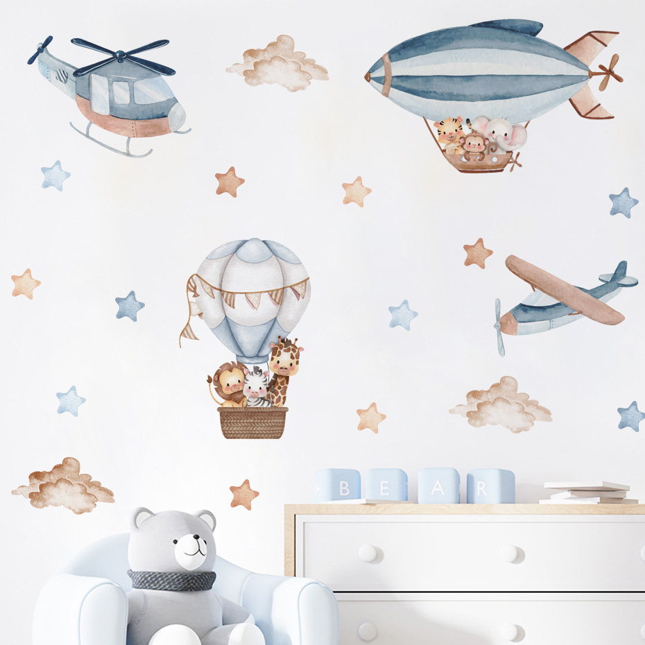 Baby Nursery Wall Mural - 수채화 동물 뜨거운 공기 풍선 구름