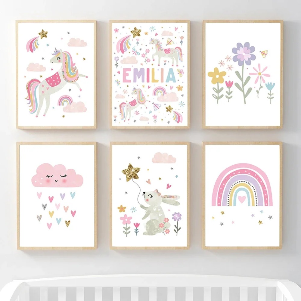Baby Nursery Name Wall Art - 핑크 유니콘 토끼 무지개 구름 꽃