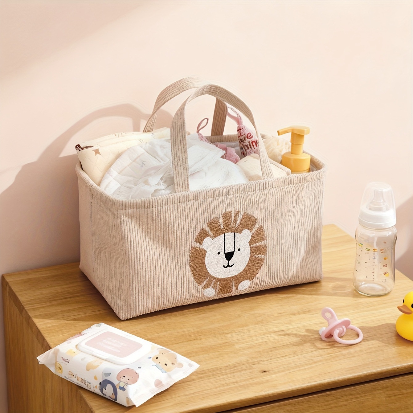Baby Nursery Handles - 귀여운 사자 모양 기저귀 정리함, 접이식