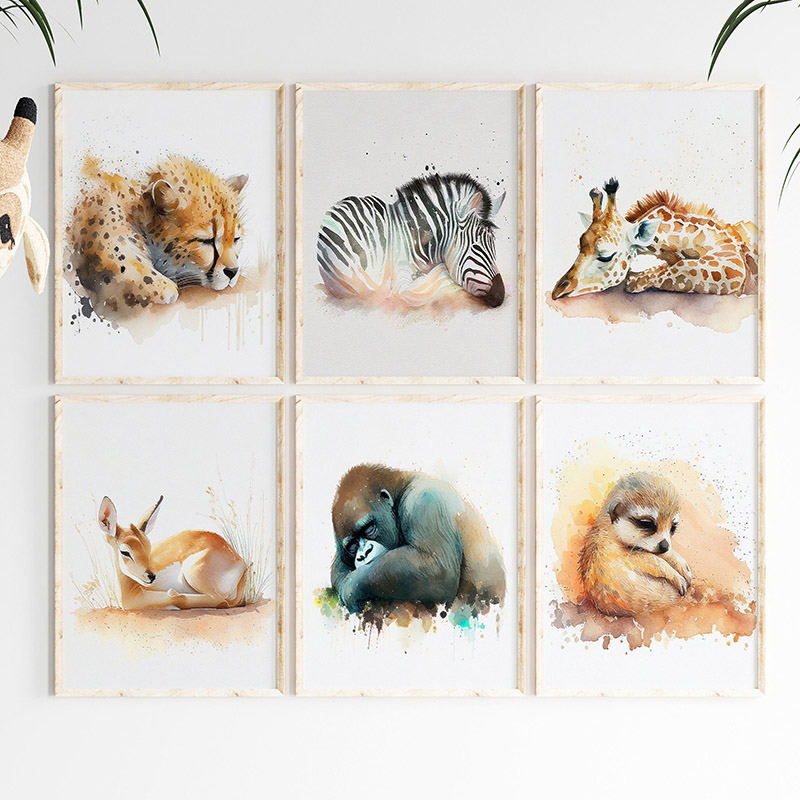 Baby Zebra Nursery - 수채화 잠자는 사파리 동물 벽 아트