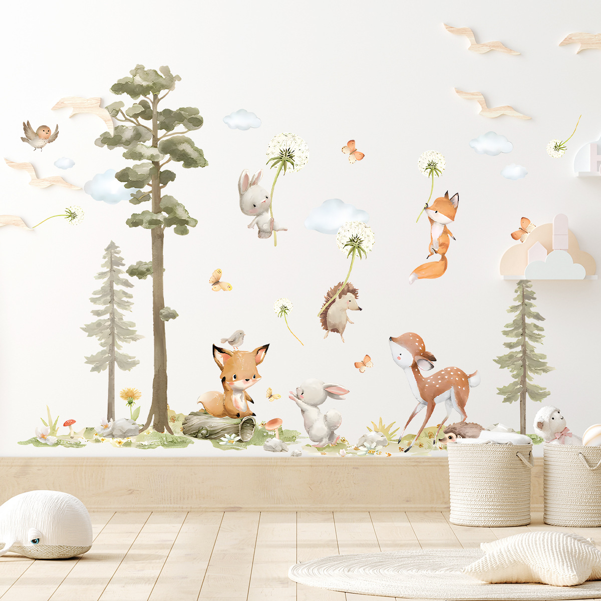 Baby Nursery Wallpaper Girl - 귀여운 숲 동물 벽 스티커 어린이