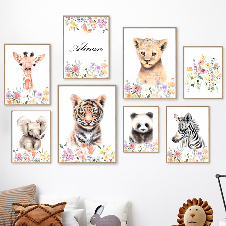 Baby Nursery Name Wall Art - 맞춤 이름 호랑이 팬더 코끼리 기린