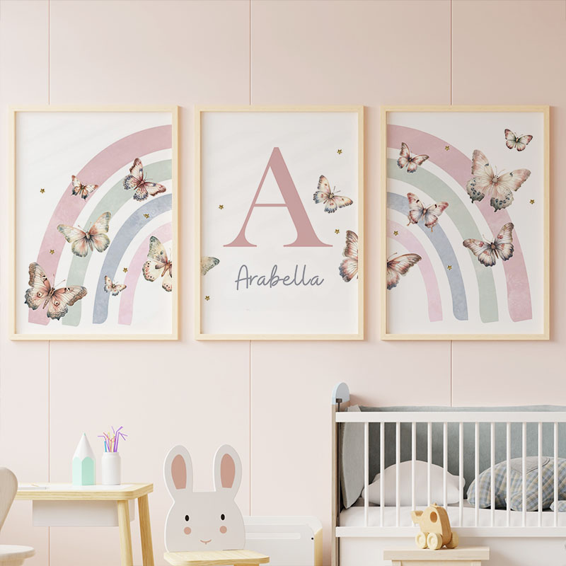 Baby Nursery Name Wall Art - 핑크 무지개 나비 사용자 정의 아기