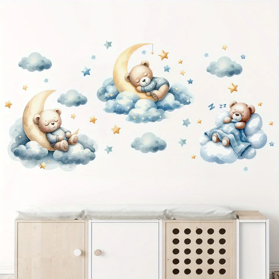 Wall Decal Nursery - 1개의 귀여운 테디베어 일러스트레이션, 흐르는 구름