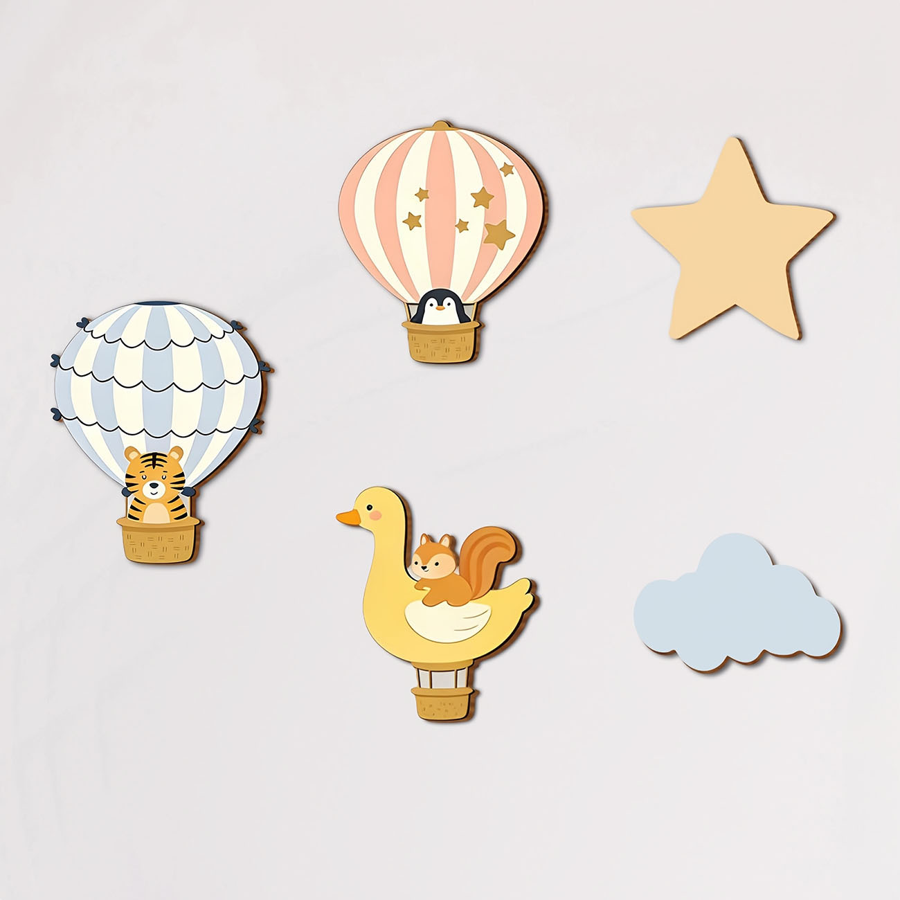 Baby Nursery Wall Mural - 5개 동물 열기구 나무 벽 스티커