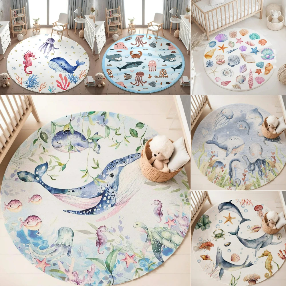Baby Nursery Accessories - 푸른색 해양 동물 원형 카펫 (거실,