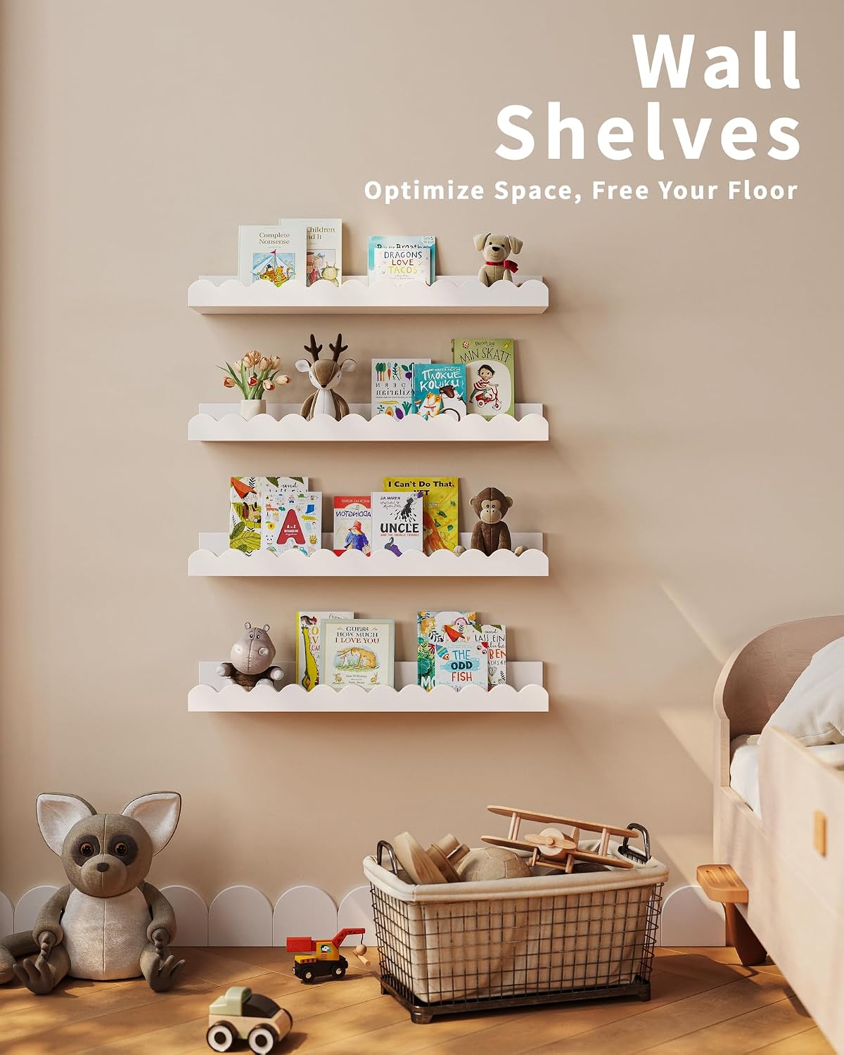 흰색 물결 모양의 벽걸이형 어린이 책장 4개 세트, 유 - Baby Nursery Floating Shelves 리뷰 및 가격