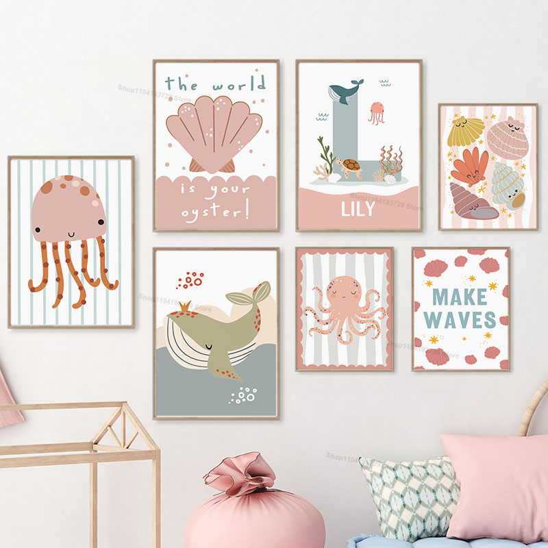 만화 고래 문어 해파리 가리비 사용자 정의 이름 보육원 - Baby Nursery Name Wall Art 리뷰 및 가격