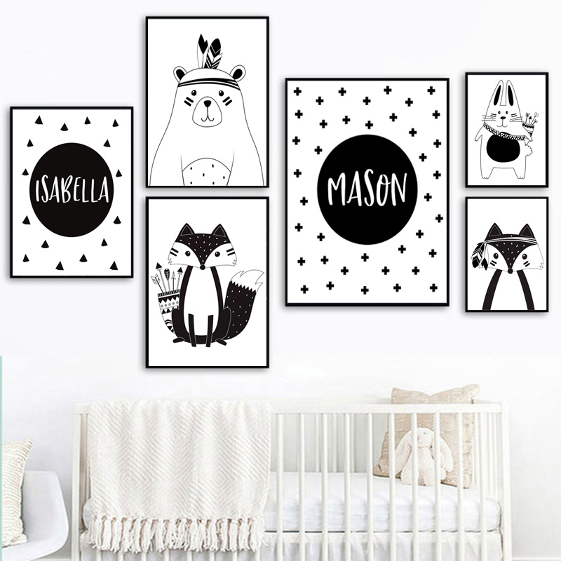 흑백 만화 곰 토끼 아기 보육 벽 예술 캔버스 포스터  - Baby Nursery Name Wall Art 리뷰 및 가격