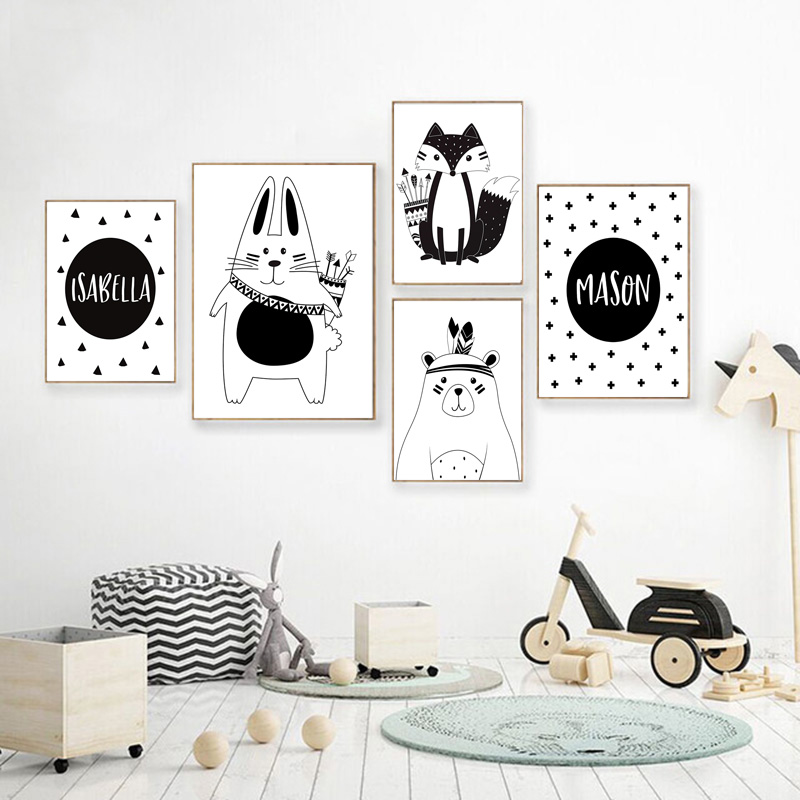 흑백 만화 곰 토끼 아기 보육 벽 예술 캔버스 포스터  - Baby Nursery Name Wall Art 리뷰 및 가격