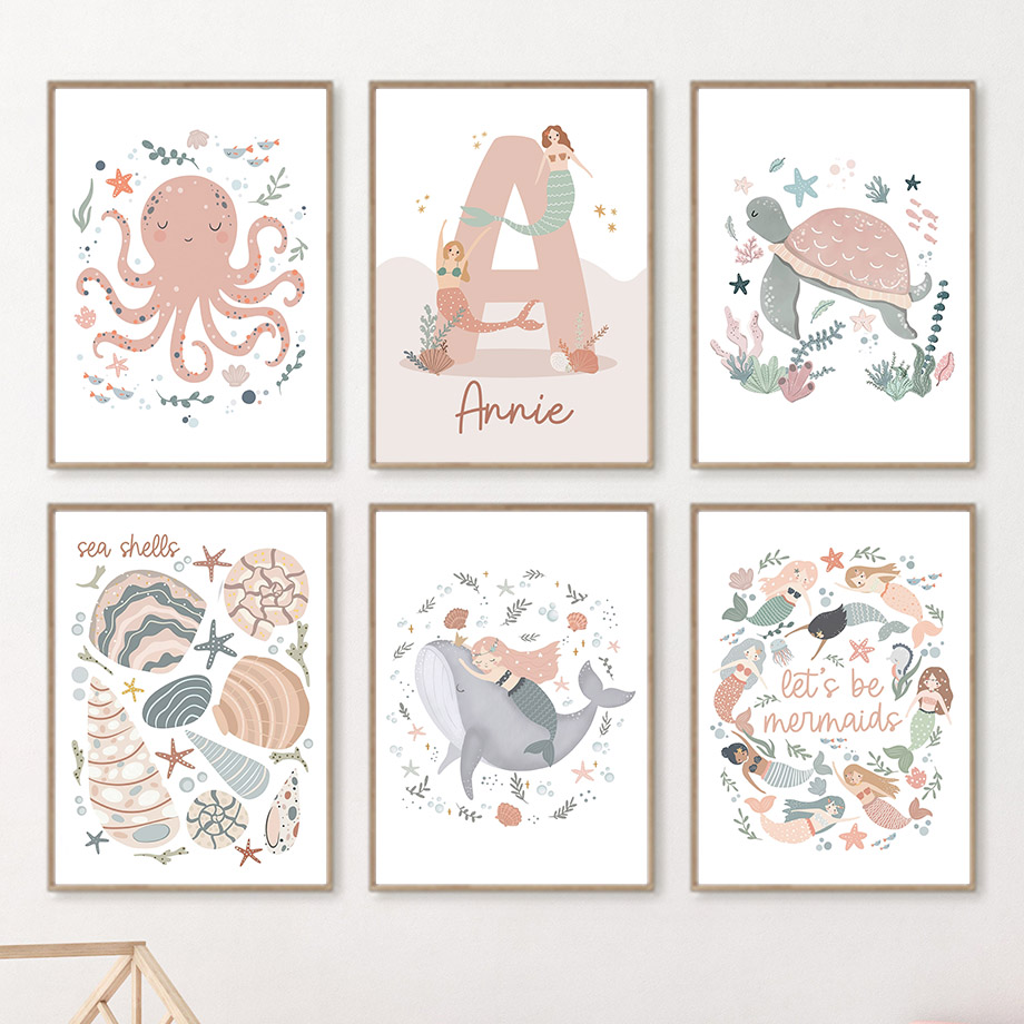 만화 바다 동물 고래 인어 사용자 정의 아기 이름 포스 - Baby Nursery Name Wall Art 리뷰 및 가격