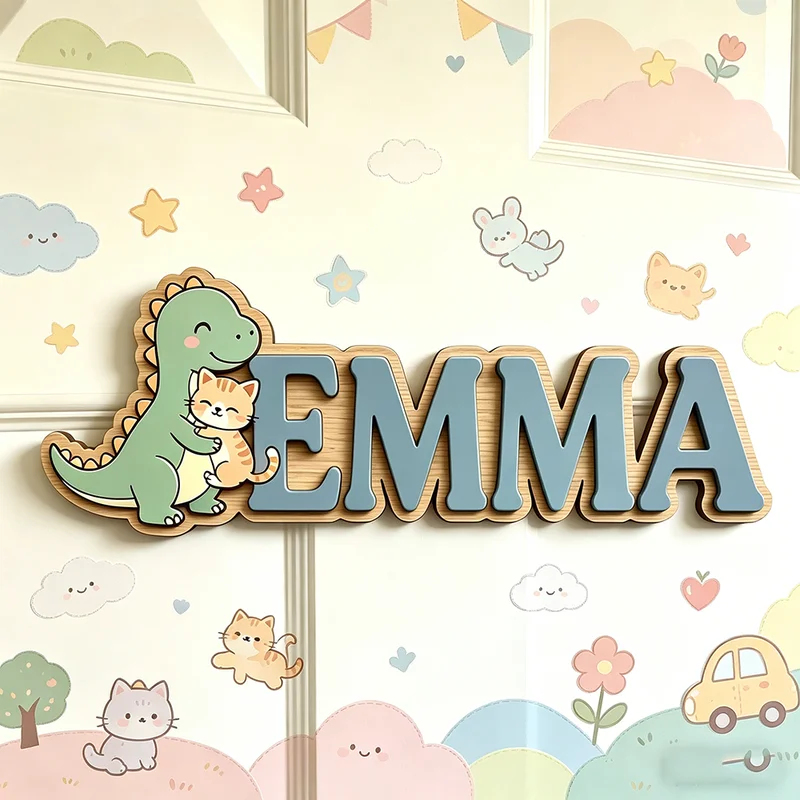 귀여운 공룡이 고양이를 안고 있는 맞춤 이름 명판, 3 - Baby Nursery Name Wall Art 리뷰 및 가격
