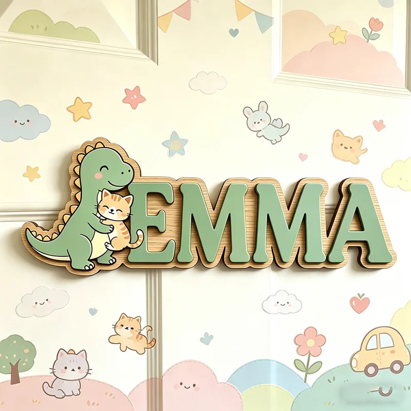 귀여운 공룡이 고양이를 안고 있는 맞춤 이름 명판, 3 - Baby Nursery Name Wall Art 리뷰 및 가격