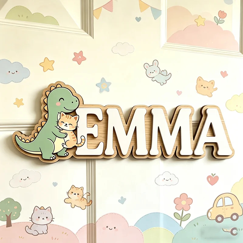 귀여운 공룡이 고양이를 안고 있는 맞춤 이름 명판, 3 - Baby Nursery Name Wall Art 리뷰 및 가격
