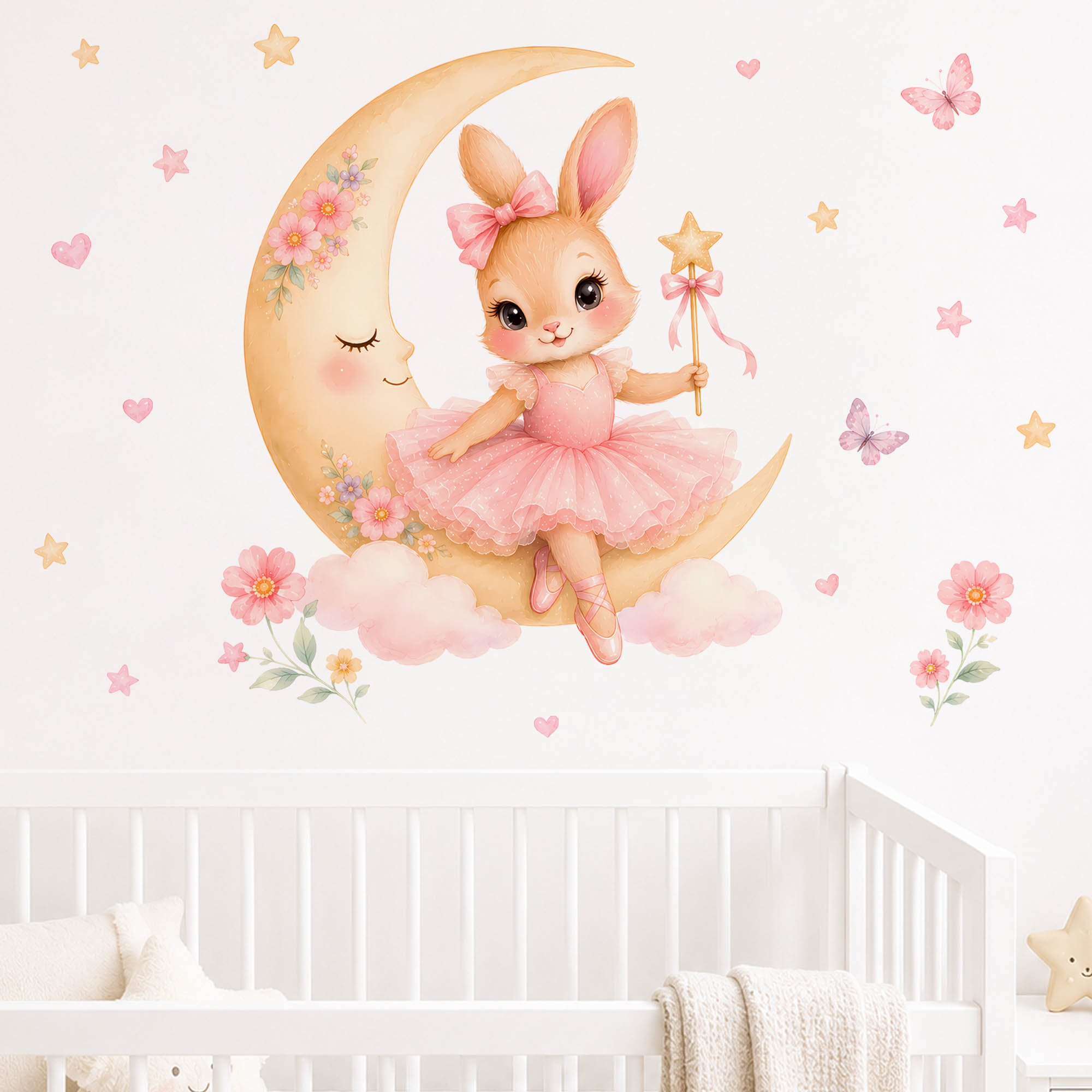 수채화 발레리나 토끼 달 벽 스티커 핑크 튀튀 토끼 별 - Baby Nursery Wall Mural 리뷰 및 가격