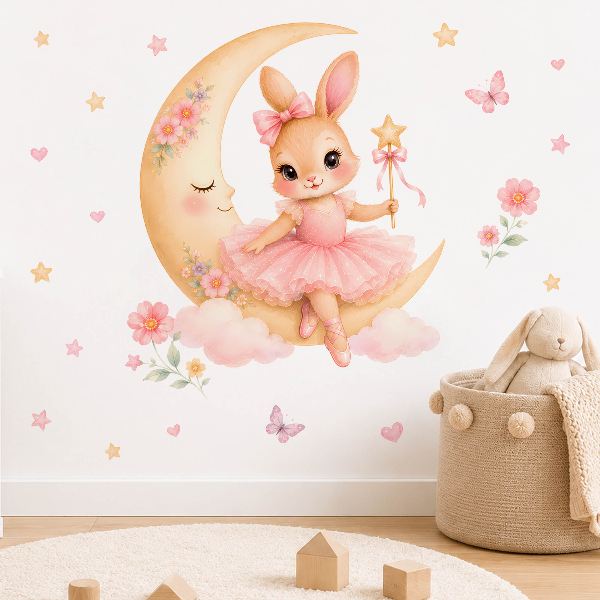수채화 발레리나 토끼 달 벽 스티커 핑크 튀튀 토끼 별 - Baby Nursery Wall Mural 리뷰 및 가격