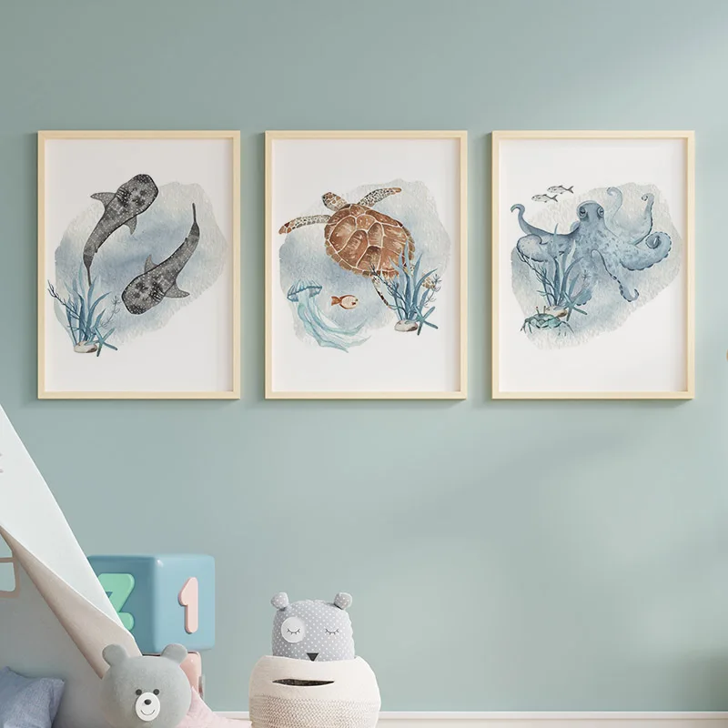 포스터 및 프린트 고래 물고기 상어 문어 거북이 바다  - Baby Nursery Ocean 리뷰 및 가격