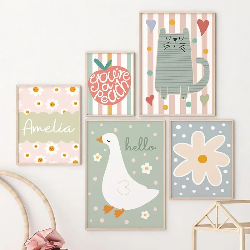 만화 고양이 오리 새 사과 맞춤 아기 이름 유아방 벽  - Baby Nursery Name Wall Art 리뷰 및 가격