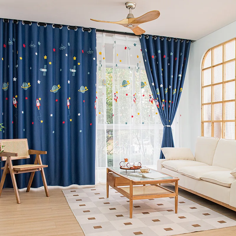 네이비 블루 만화 로켓 우주선 어린이를위한 블랙 아웃  - Baby Nursery Blackout Curtains 리뷰 및 가격