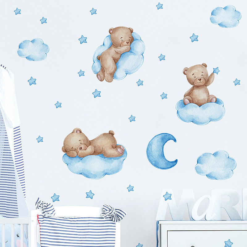 만화 블루 테디베어 달 벽 스티커 - 어린이 방, 아기 - Baby Nursery Wallpaper Girl 리뷰 및 가격