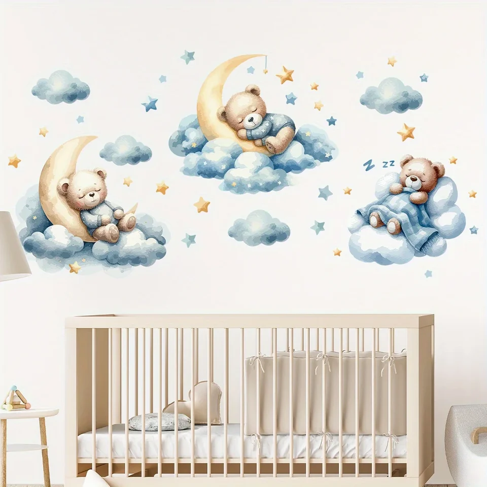 1개의 귀여운 테디베어 일러스트레이션, 흐르는 구름 속 - Wall Decal Nursery 리뷰 및 가격