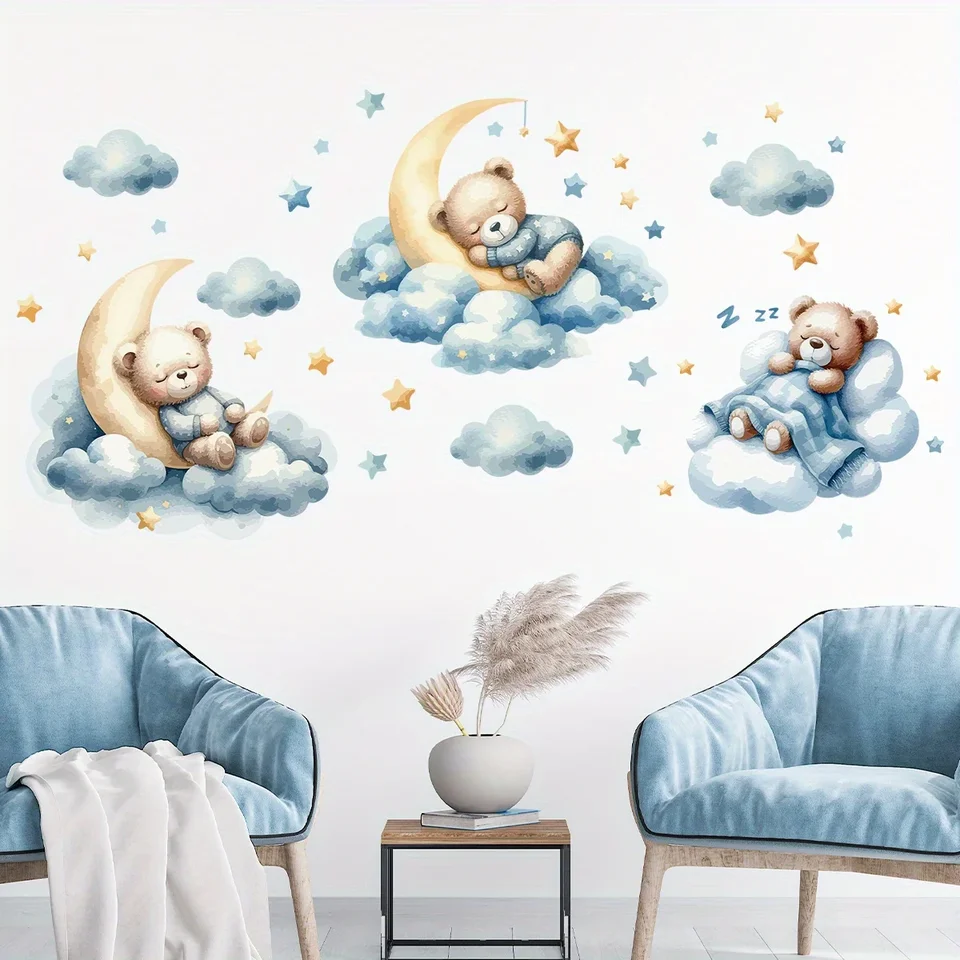 1개의 귀여운 테디베어 일러스트레이션, 흐르는 구름 속 - Wall Decal Nursery 리뷰 및 가격