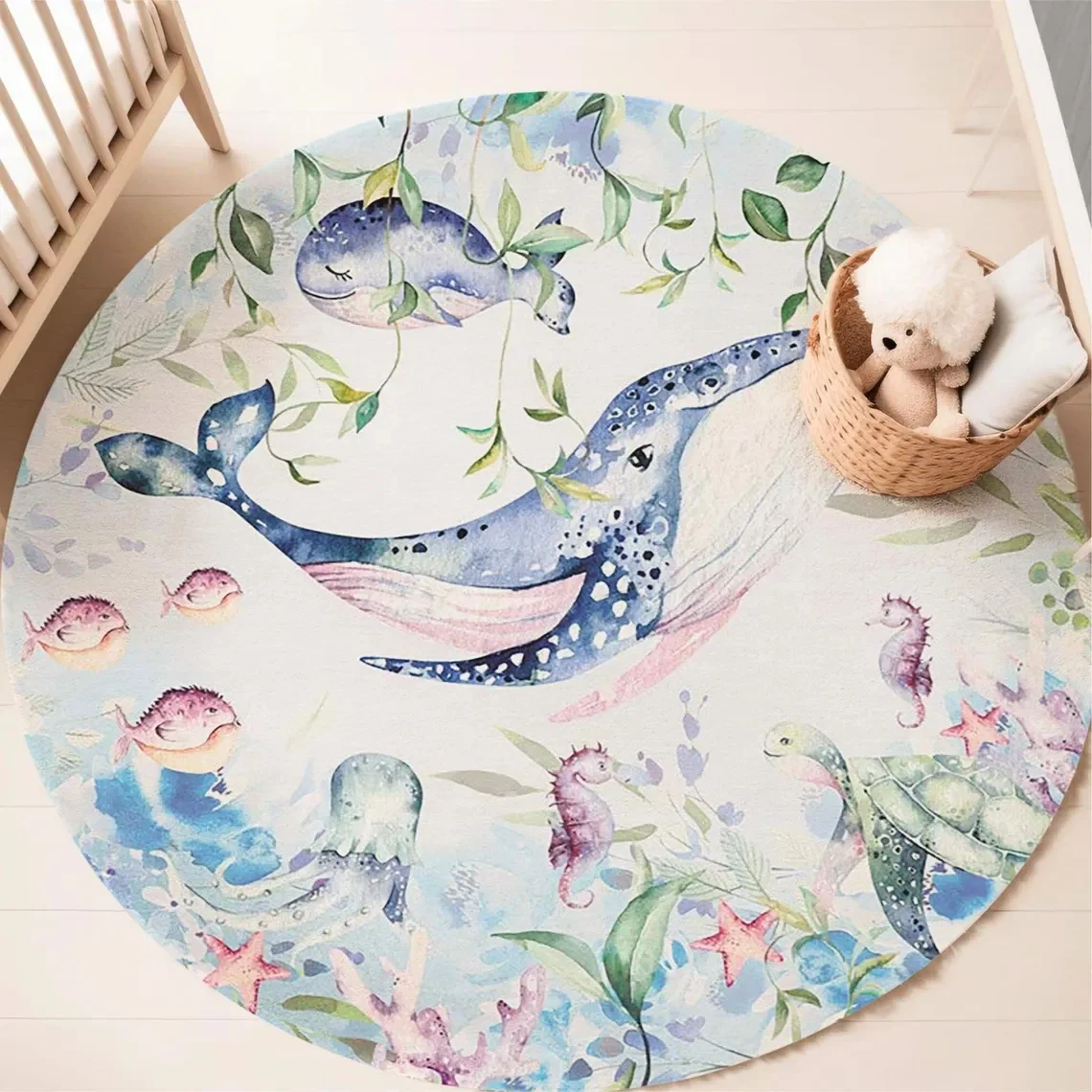 푸른색 해양 동물 원형 카펫 (거실, 여자아이 방, 아 - Baby Nursery Accessories 리뷰 및 가격