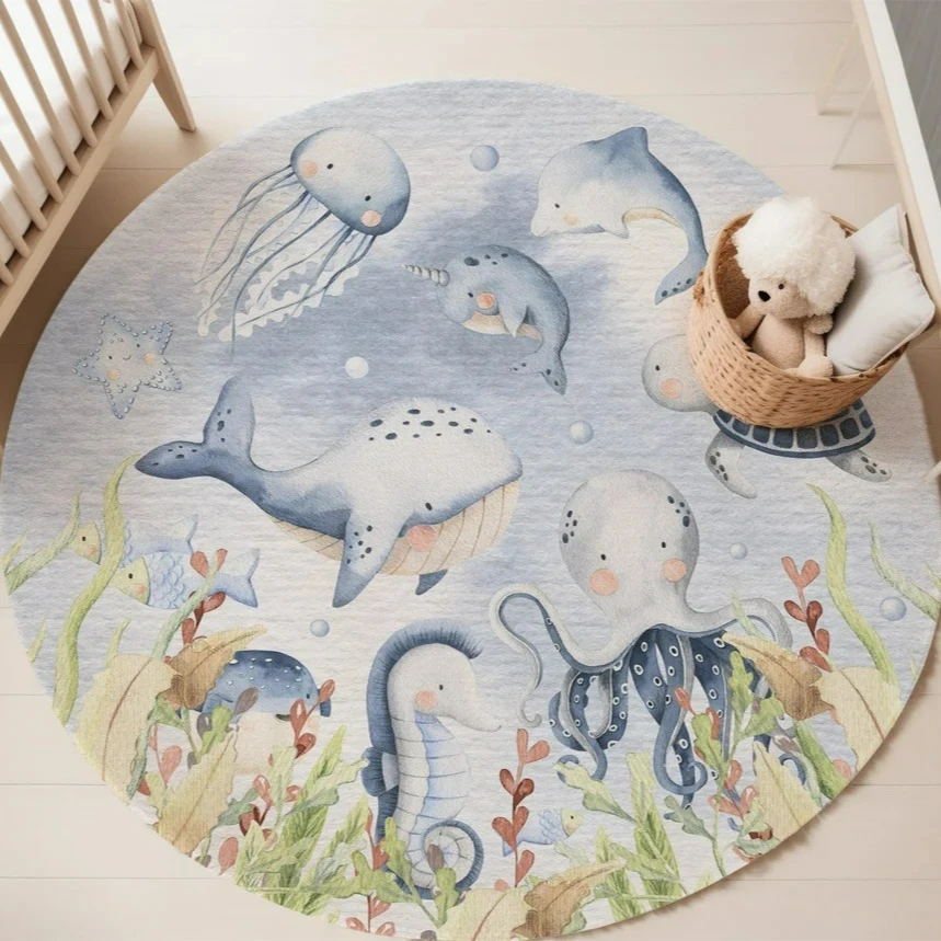 푸른색 해양 동물 원형 카펫 (거실, 여자아이 방, 아 - Baby Nursery Accessories 리뷰 및 가격